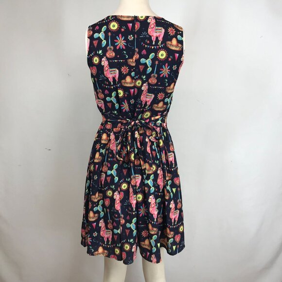 DOLLZ & DAMES- WOMEN SMALL ~ NAVY WESTERN LLAMA CACTUS PLEATED RETRO DRESS - Picture 5 of 7